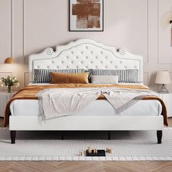 King Size Bed Frame with Adjustable Velvet Tiara Headboard, Upholstered Diamond Button Tufted Platform Bed, Wood Slats Support, No Box Spring Needed, 
