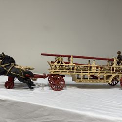 Antique 1800s Cast Iron Child’s Toy Fire truck Engine Horse Drawn Wagon Americana 