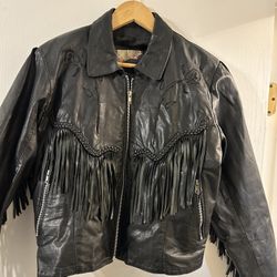 Women’s Vintage Black Leather Motorcycle Jacket Size M