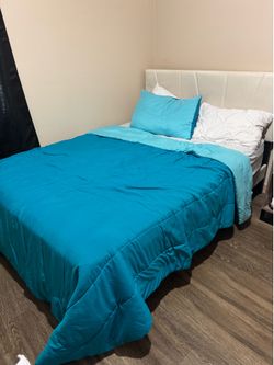 Size Bed Frame with Upholstered Headboard + Mattress – Excellent Condition