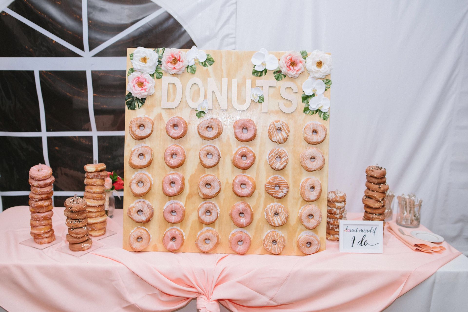 Donut wall (rose gold letters and orchid & peony real-touch flowers) for wedding, bridal shower, etc