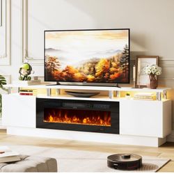 Brand New In Box Modern 80" Console Side Board Buffet With LED Lights Charging Station And Fireplace!!!