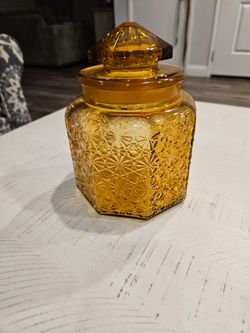 Vintage L.A. Smith Amber Glass Hexagon Daisy Pattern Jar From 1960's