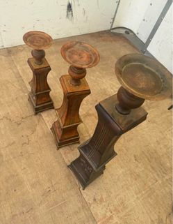 Set of 3 Wood and Brass Pillar Candleholders