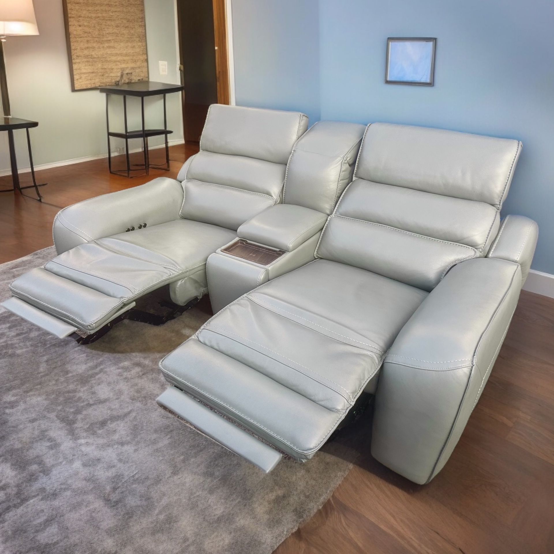 Mint Green Leather 83" Dual Power Recliner Loveseat Sofa by Bob’s Discount Furniture