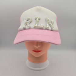Women's Pink/White RLN Faux Pearls Rhinestone Trucker Adjustable SnapbackHat. 11