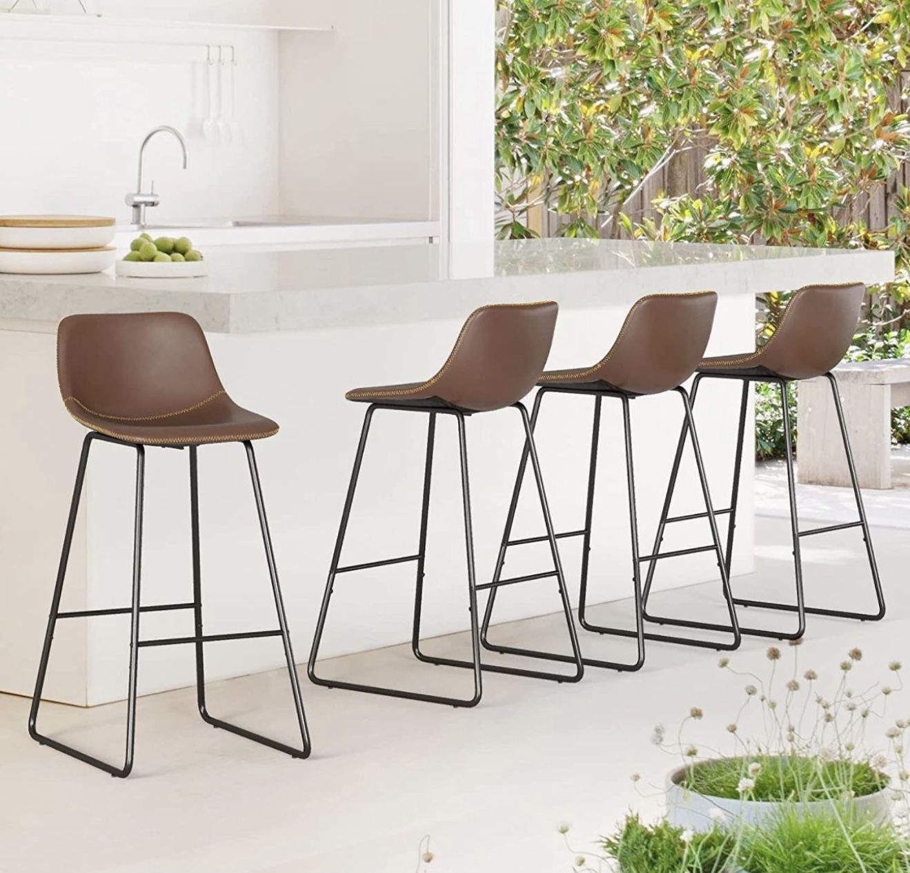 Dark Brown Bar Stools Set of 4, 30" ALX Faux Leather Barstools