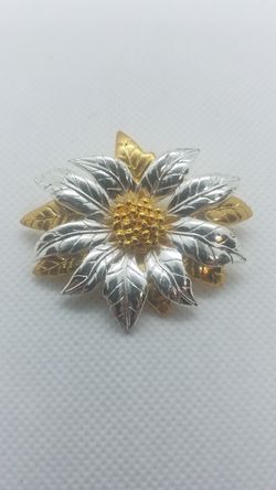 Vintage Floral Leafy Brooch Gold & Silver Tone Costume Jewelry