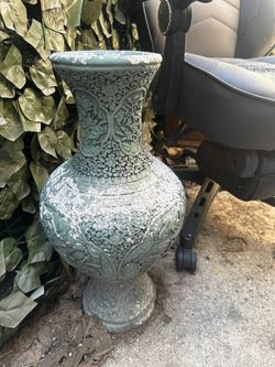 Large Ornate Carved Celadon Green Decorative Floor Vase - Vintage Style Home Decor