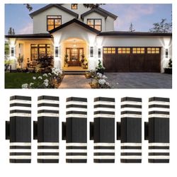 tewei 6 Pack Up and Down Outdoor Wall Lights, 3-layer Black Modern Exterior Light Fixture Wall Mount Outside Light for House, IP65 Waterproof Aluminum