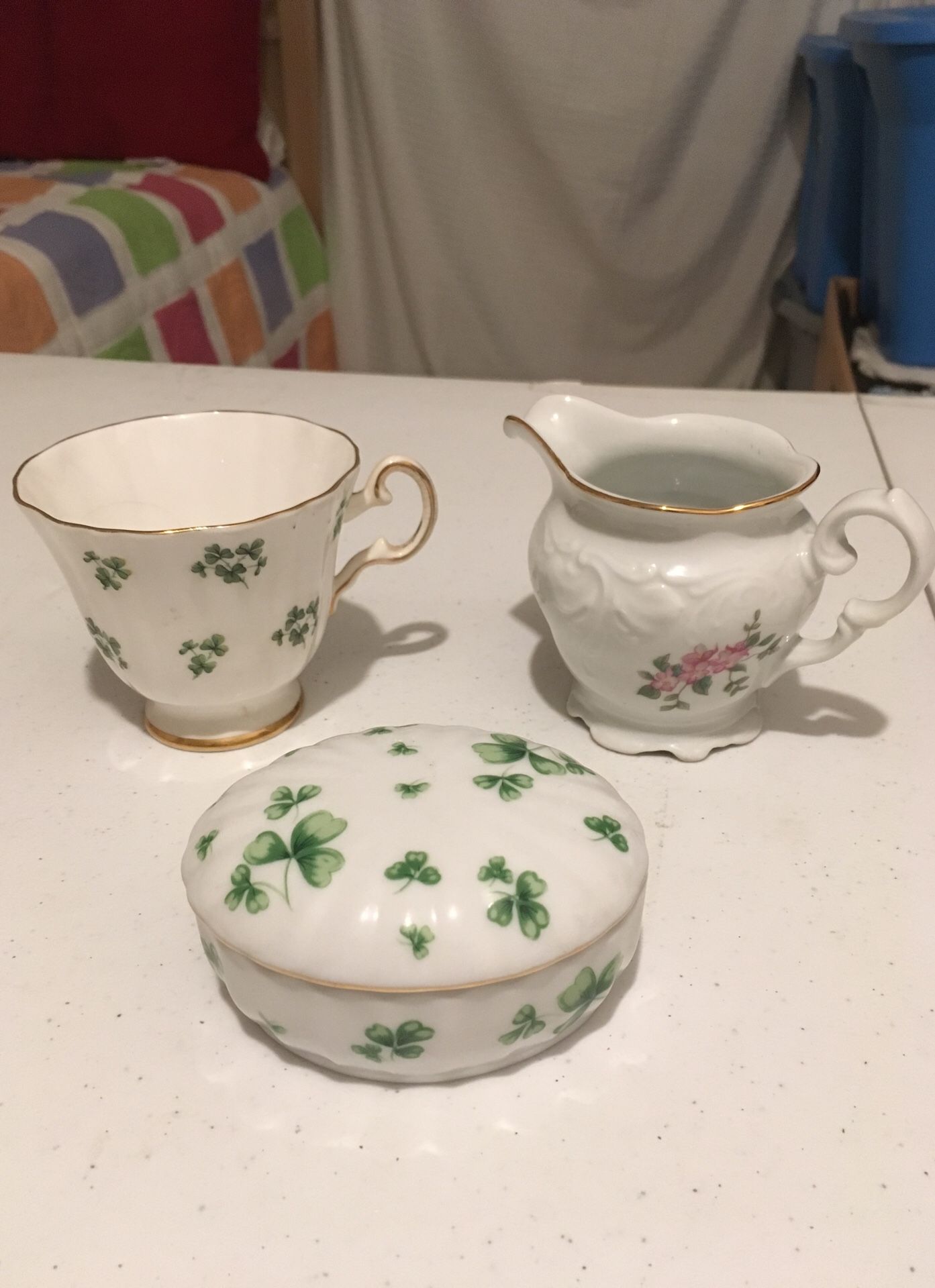 Antique Tea Cup, Creamer, & Jewelry Box Shamrocks Flowers 1772, 1950, 2001 Royal Grafton Fine Bone China