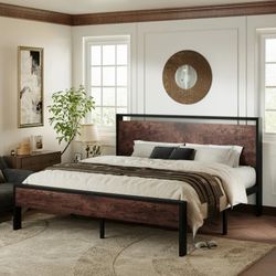 King Size Bed Frame – Metal & Wood Platform | Allewie (Open Box)