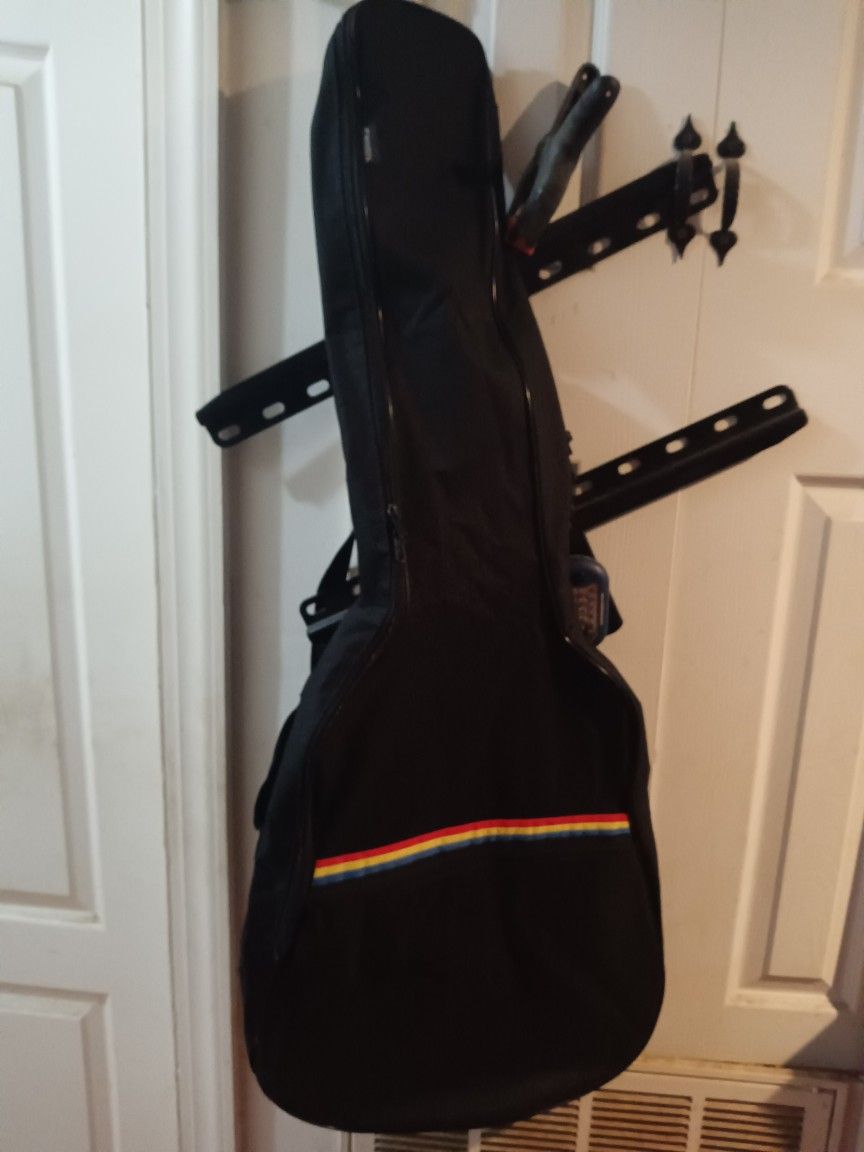 CAHAYA{black and R.W.&Blue pin striped nylon dual zipper non padded guitar tote bag.