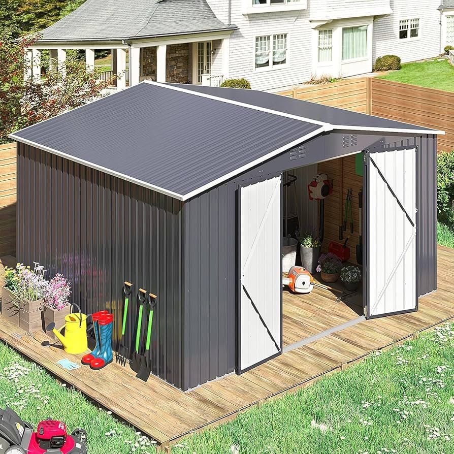 Outdoor Storage Shed, Metal Garden Shed with Updated Frame Structure, Tool Sheds for Backyard Garden Patio Lawn (Black, 12x10 FT)
