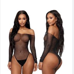 Fishnet Bling Bodysuit Lingerie Babydoll Mesh Hollow Out Off Shoulder See Through