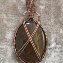 New! Tigers Eye Copper Wrapped Pendant, Chain Necklace 