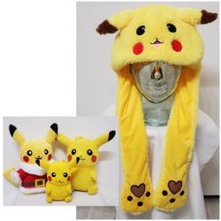 3 Pikachu Plushies & Pikachu Plush Hat With Moving Ears