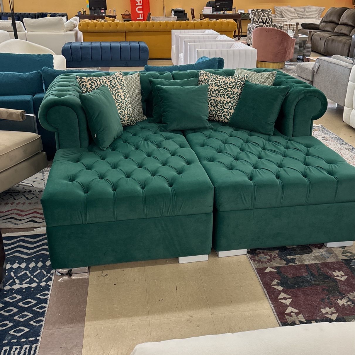 SALE SALE SALE Green Velvet Tufted Double Chaise Sectional Sofa Pillows Included 🤎🌺🫶🏻