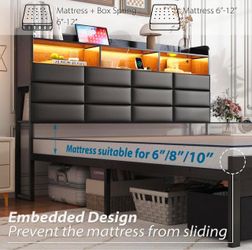 Open box-King Size Bed Frame with Storage Drawers and Charging Station, Black LED Lights, Hidden Storage Headboard, Under-bed Storage Drawers, Heavy-D