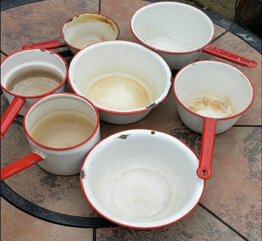 Vintage Porcelain Enamel (red/white) Pots and Pans