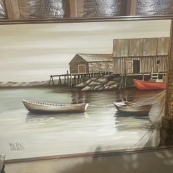 Large Framed Coastal Boat Painting – Nautical Wall Art Signed – Ready to Hang