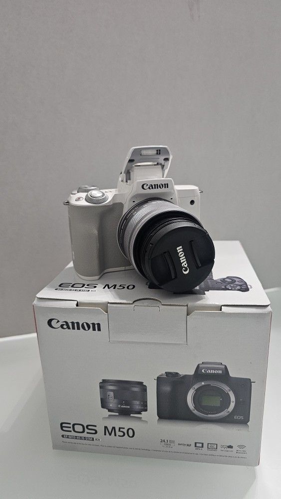Canon EOS M50 24.1 MP Mirrorless Camera - White Kit - EF-M 15-45mm IS STM Lens