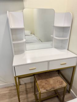 White and gold Vanity with mirror and matching stool