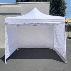$120 (New in Box) Heavy duty white 10x10 ft canopy with 3 sidewalls ez popup outdoor gazebo, carry bag 