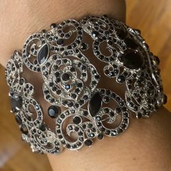 Silver Filigree Black Rhinestone Cuff Bracelet