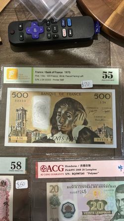 1975 France 500 Francs Banknote TQG Graded 55