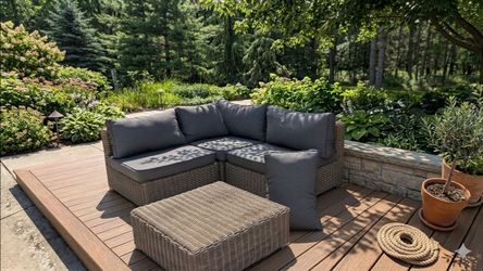 Premium Rattan Resin Tan Wicker Outdoor Patio Deck Sectional Chairs & Ottoman Set grey cushions