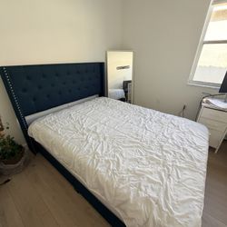 Queen Bed Frame With Box Spring For Sale - Modern, Royal Blue, Queen Size 