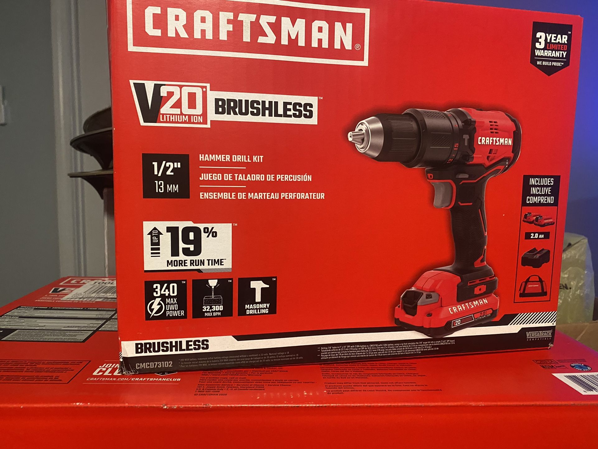 Brand New Craftsman 1/2” 13MM Hammer Drill Kit (Brushless) with carrying case, Charger, 2 batteries.