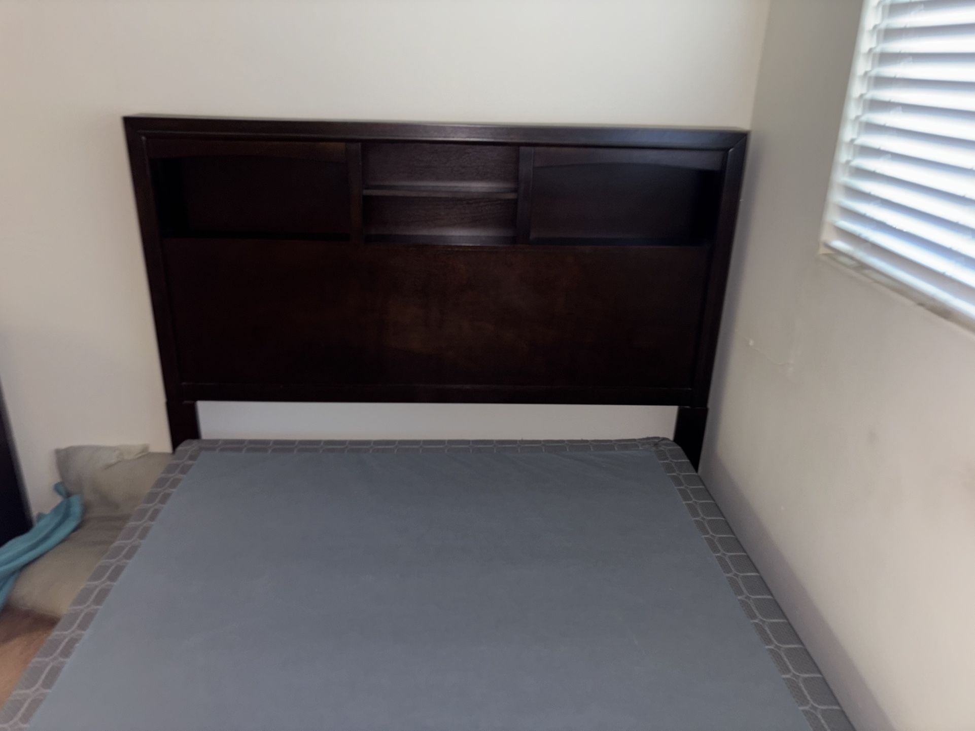 Queen Size Bed Frame And Box Spring With Dresser And Mirror As Well As 3 Drawer Cabinet