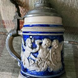 Antique Old Westerwald Reinhold Hanke Stoneware Salt Glaze Beer Stein w/ Original Pewter Lid .5L Germany 879