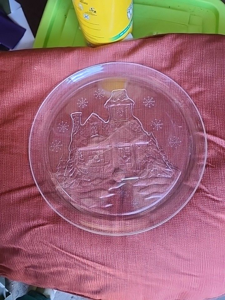 Arcoroc France Vintage Christmas Serving Plate 13” Embossed Clear Glass Cottage