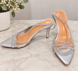 Silver Rhinestone Strappy Kitten Heel Mules