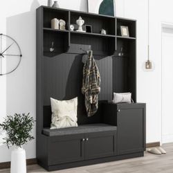 NEW Black Freestanding Hall Tree with Cushioned Storage Bench, 3-Hooks and Shelves