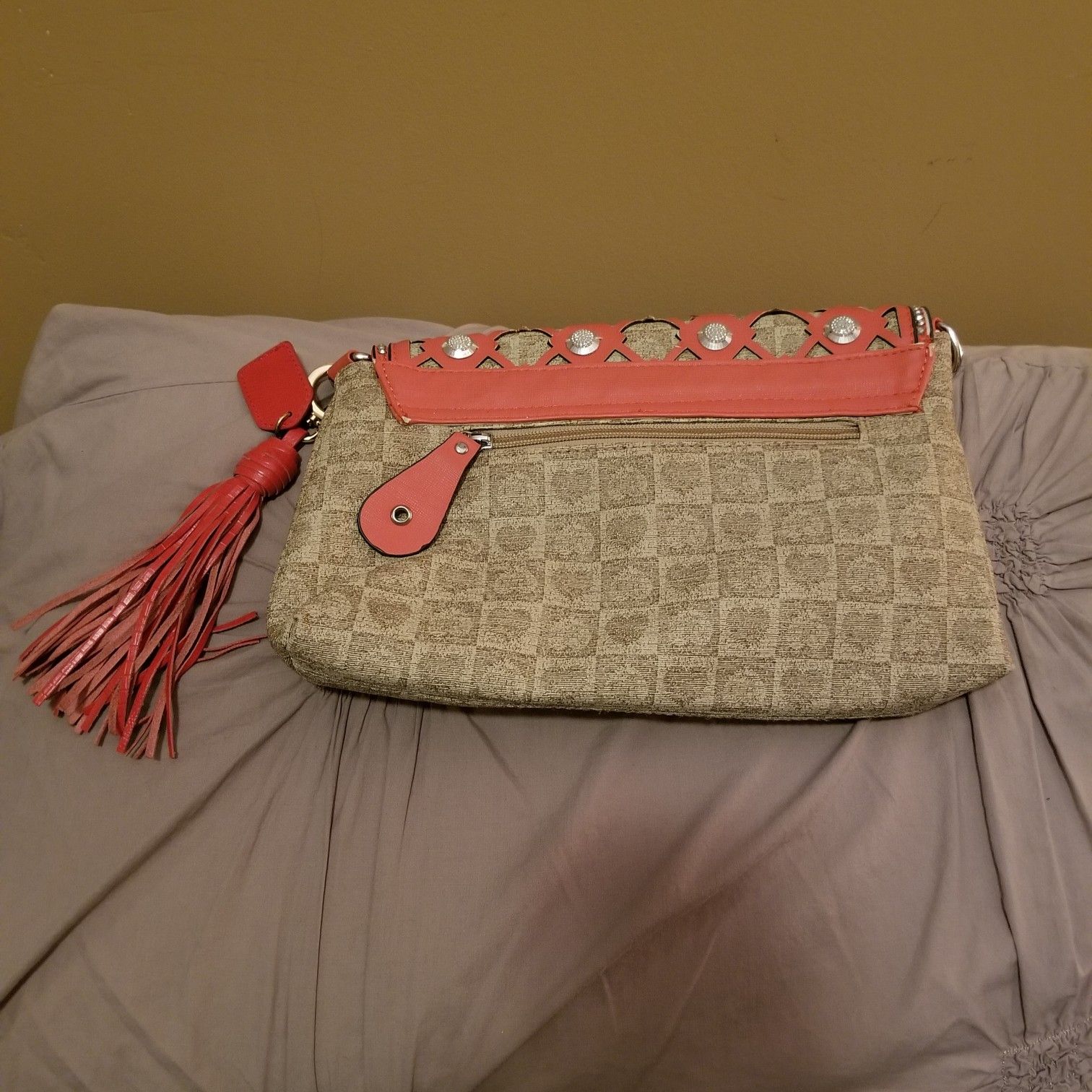 Boutique Coral and Tan Crossbody with studs.