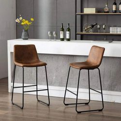 Set of 2 Synthetic Leather Upholstered Barstools Armlesss Dining Bar Chairs Stool Metal Legs