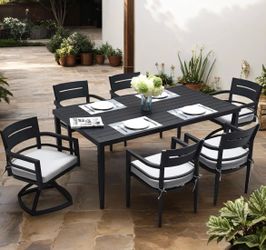 Minor Scratches on the Table Assembled New 7 Pcs Patio Dining Set Aluminum Outdoor Dining Bistro Sets for Rectangular Table with Umbrella Hole, Swivel