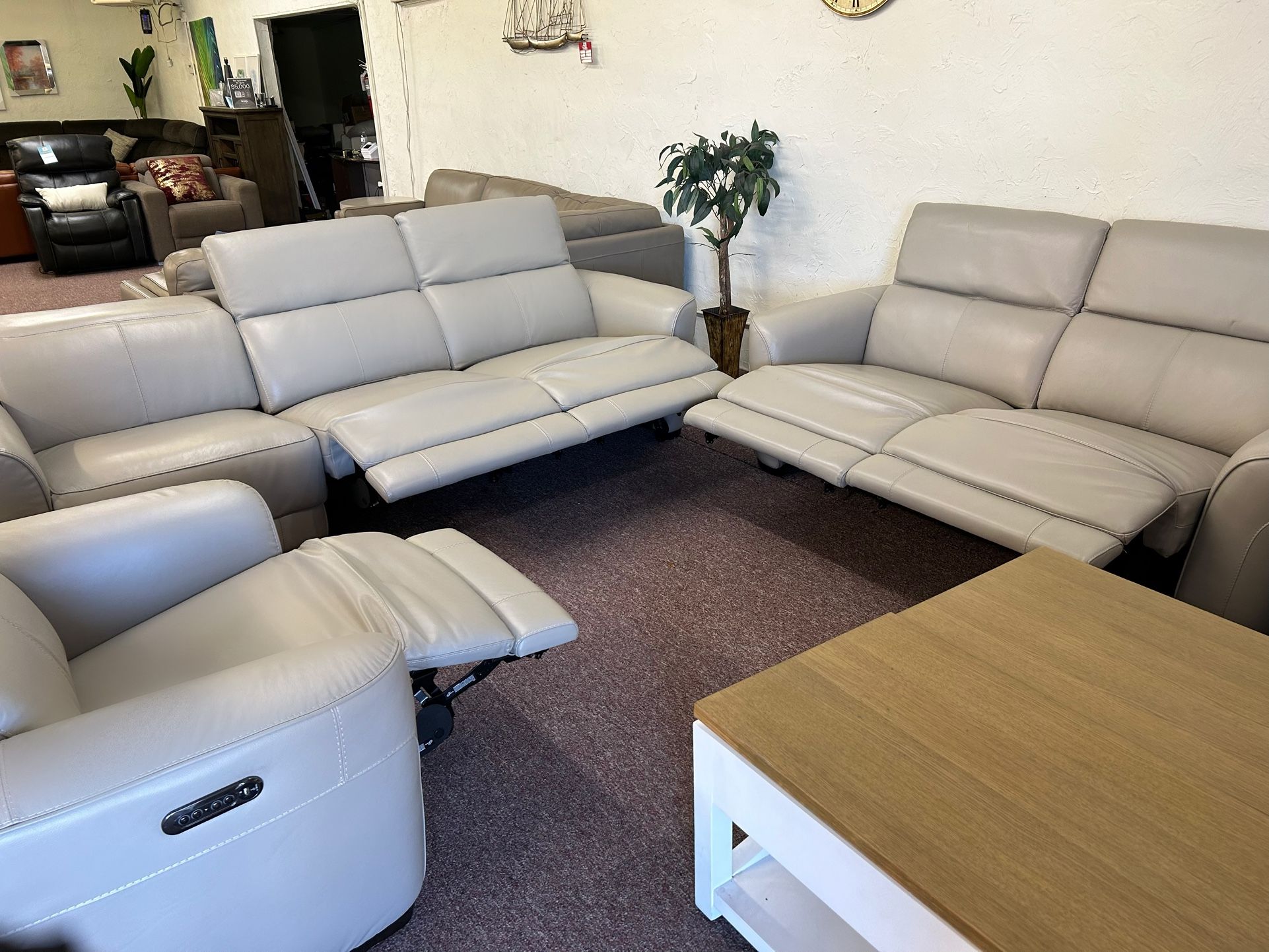 Furniture- 100% Real Leather 3 Pc Sofa With 3 Power Recliners-Lexanna