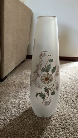 vintage Japanese white satin frosted glass vase from the 1960s, hand-blown with a floral design. 24 inches high