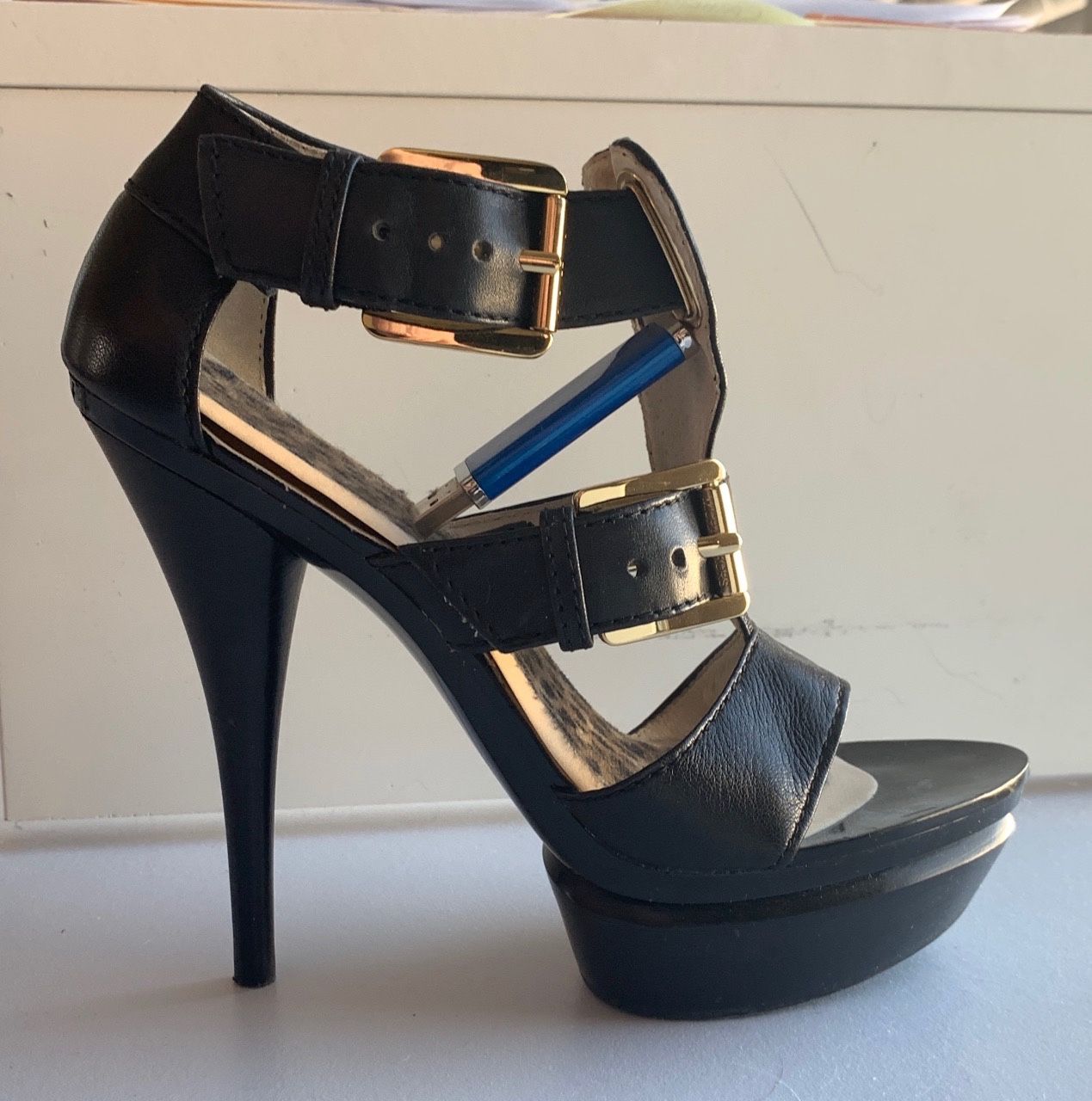 Buckle soft black leather platforms