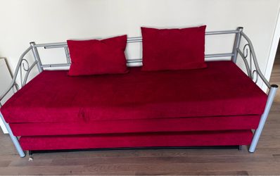 Red Sofa Bed / Daybed with Pull-Out Trundle & Under-Seat Storage