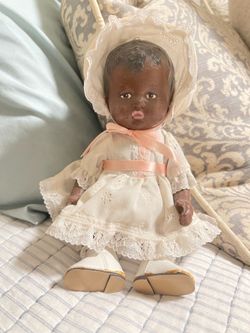 Vintage African American Composition Baby Doll with Dress & Bonnet