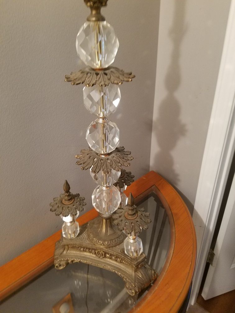 Antique 5 tier L&L WMC Mid Century crystal and brass tower table lamp.
