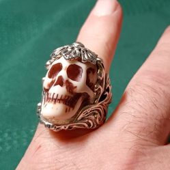 Silver Plated Adjustable Head Skull Men's Ring 