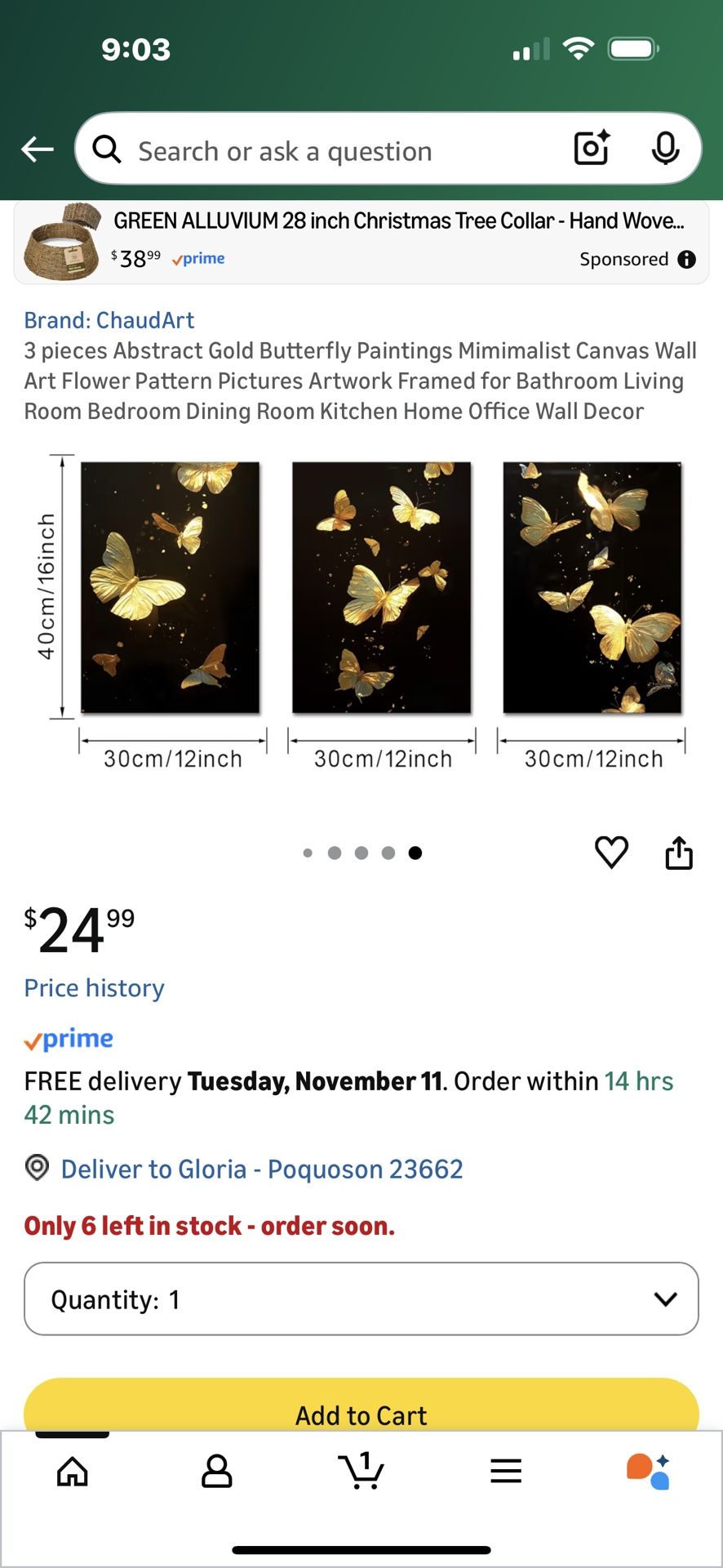 $10-ChaudArt 3 pieces Abstract Gold Butterfly Paintings Mimimalist Canvas Wall Art Flower Pattern Pictures Artwork Framed for Bathroom Living Room