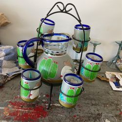 Glass And Pitcher Set - Mexican Blue Rim